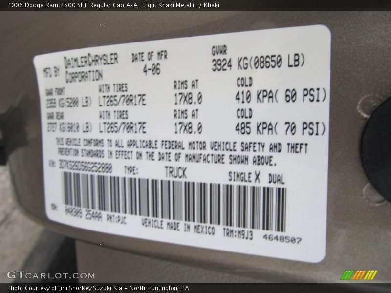 2006 Ram 2500 SLT Regular Cab 4x4 Light Khaki Metallic Color Code PJC