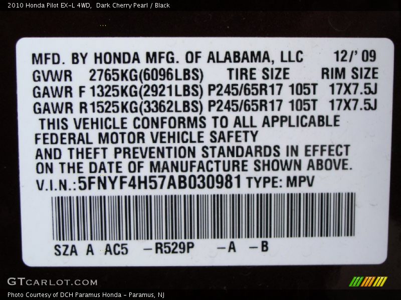 2010 Pilot EX-L 4WD Dark Cherry Pearl Color Code R529P