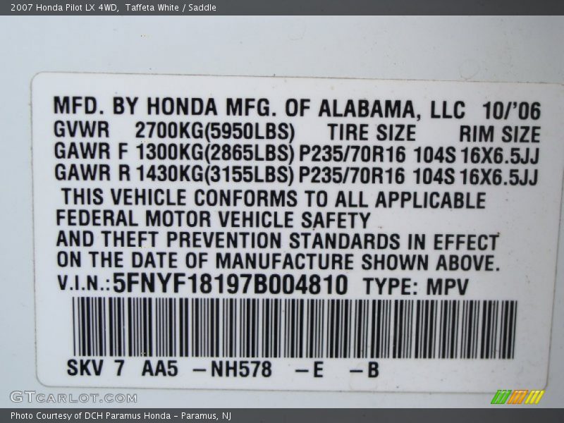 Taffeta White / Saddle 2007 Honda Pilot LX 4WD
