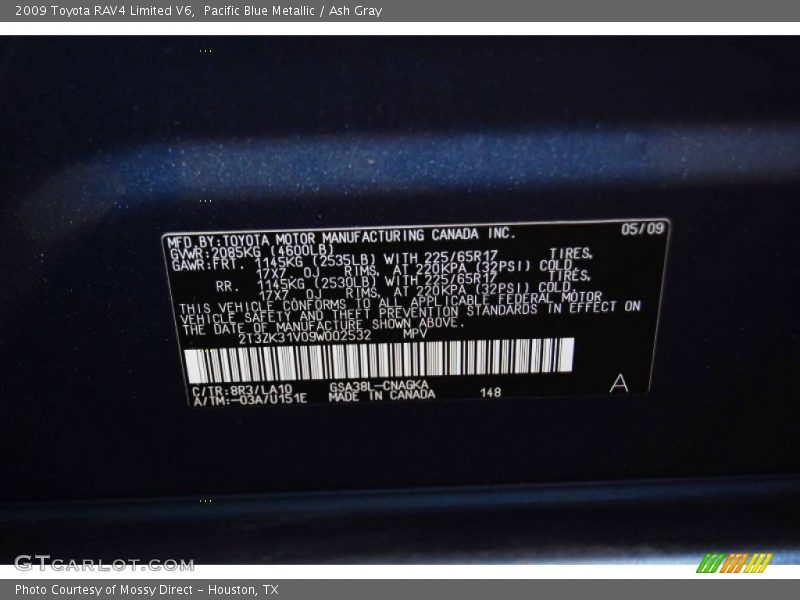 Pacific Blue Metallic / Ash Gray 2009 Toyota RAV4 Limited V6