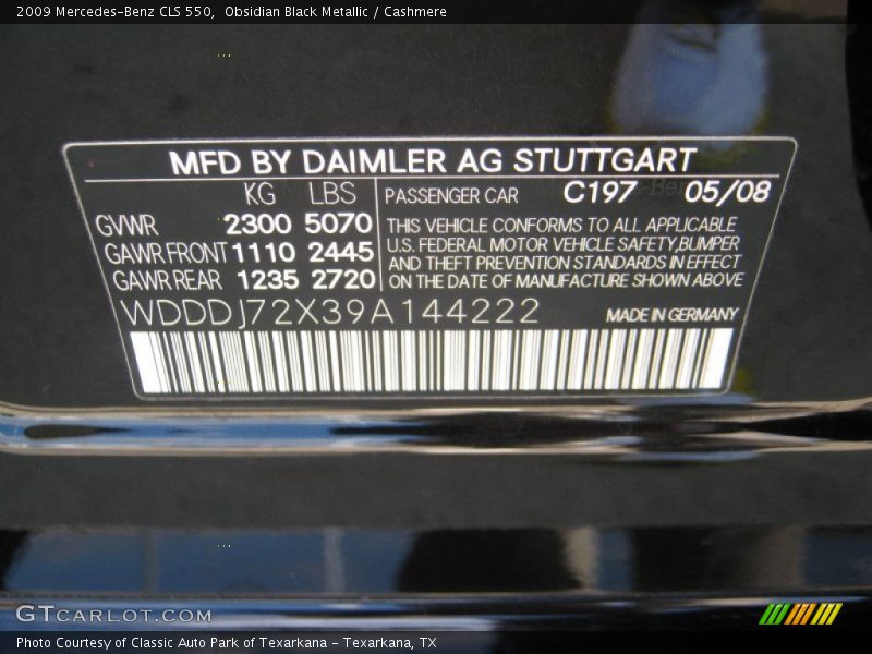 2009 CLS 550 Obsidian Black Metallic Color Code C197