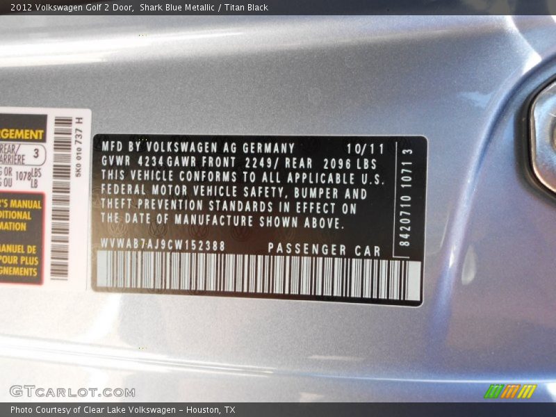 Shark Blue Metallic / Titan Black 2012 Volkswagen Golf 2 Door
