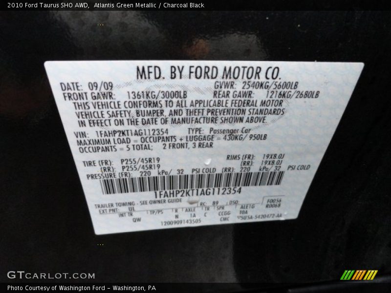 2010 Taurus SHO AWD Atlantis Green Metallic Color Code UL