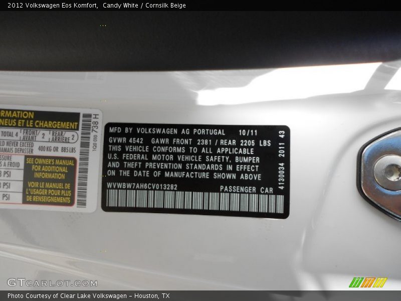 Candy White / Cornsilk Beige 2012 Volkswagen Eos Komfort