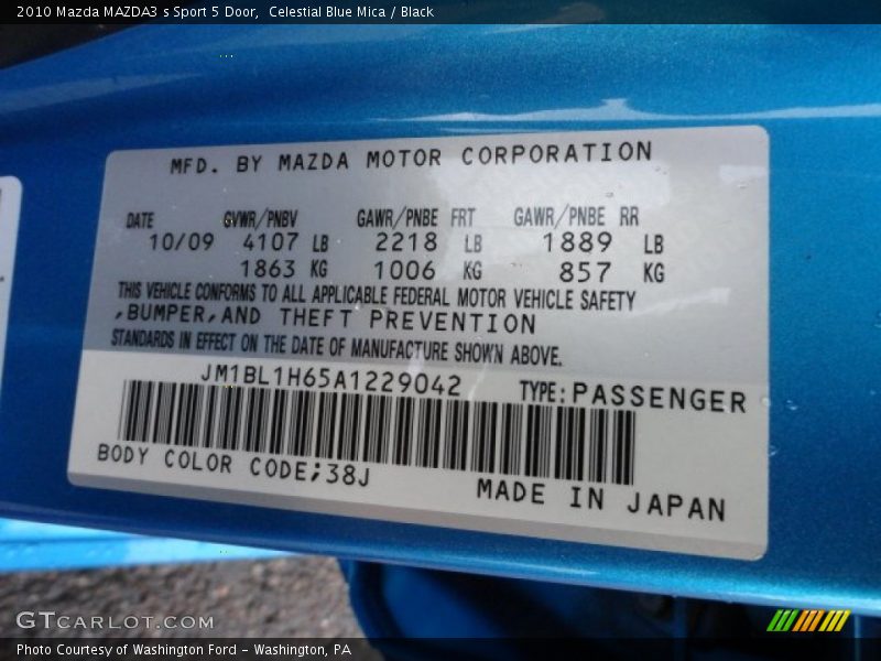2010 MAZDA3 s Sport 5 Door Celestial Blue Mica Color Code 38J