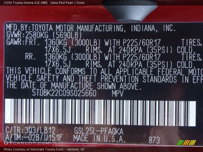 2009 Sienna XLE AWD Salsa Red Pearl Color Code 3Q3
