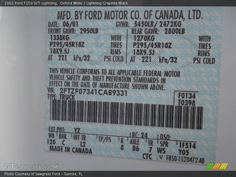 2001 F150 SVT Lightning Oxford White Color Code YZ