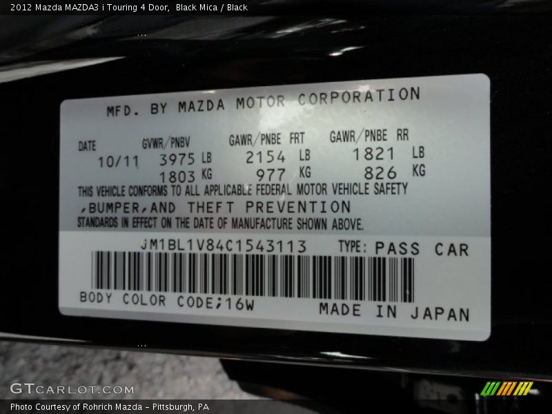 2012 MAZDA3 i Touring 4 Door Black Mica Color Code 16W