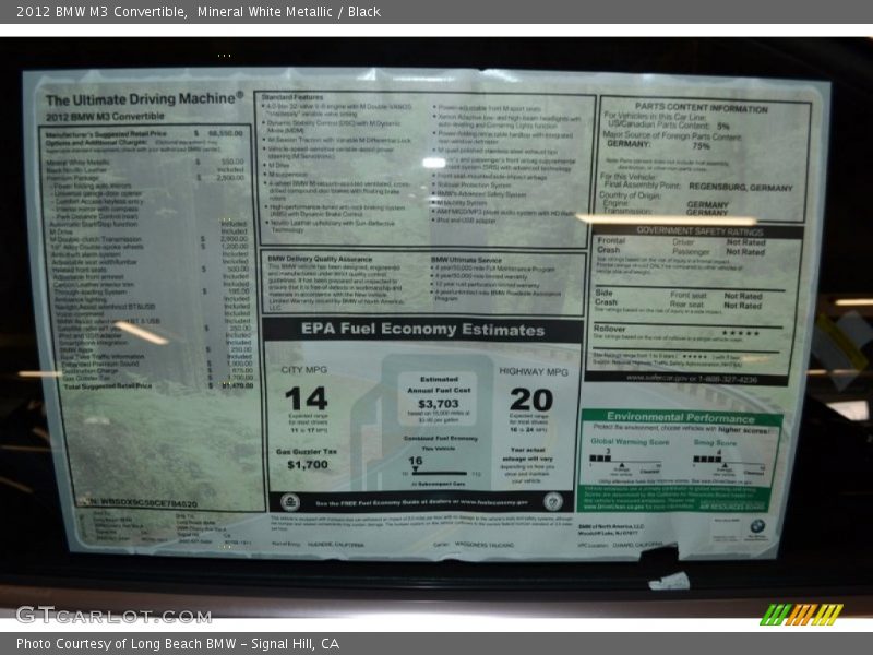  2012 M3 Convertible Window Sticker