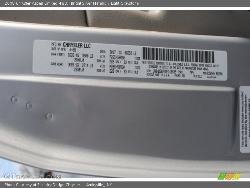 Bright Silver Metallic / Light Graystone 2008 Chrysler Aspen Limited 4WD