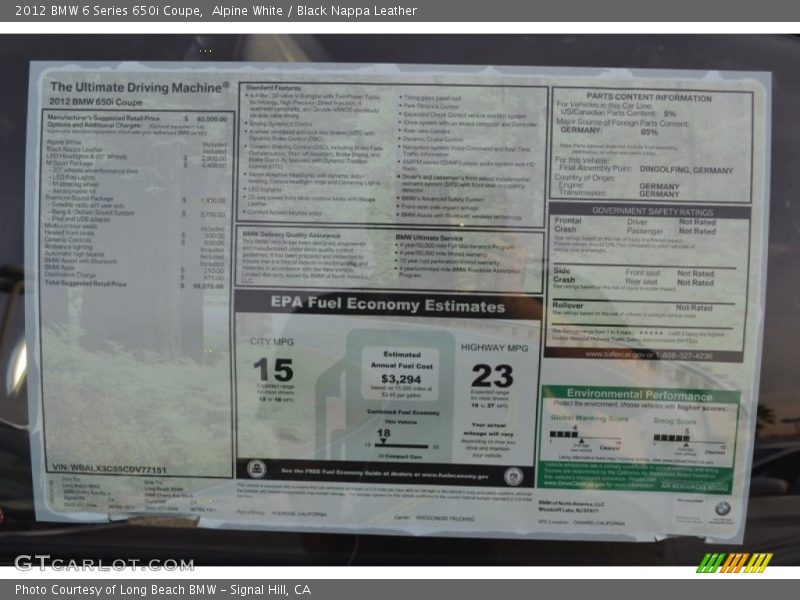  2012 6 Series 650i Coupe Window Sticker