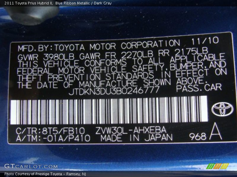 2011 Prius Hybrid II Blue Ribbon Metallic Color Code 8T5
