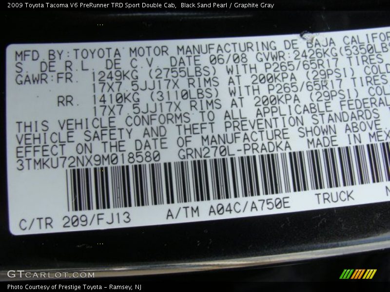 Black Sand Pearl / Graphite Gray 2009 Toyota Tacoma V6 PreRunner TRD Sport Double Cab