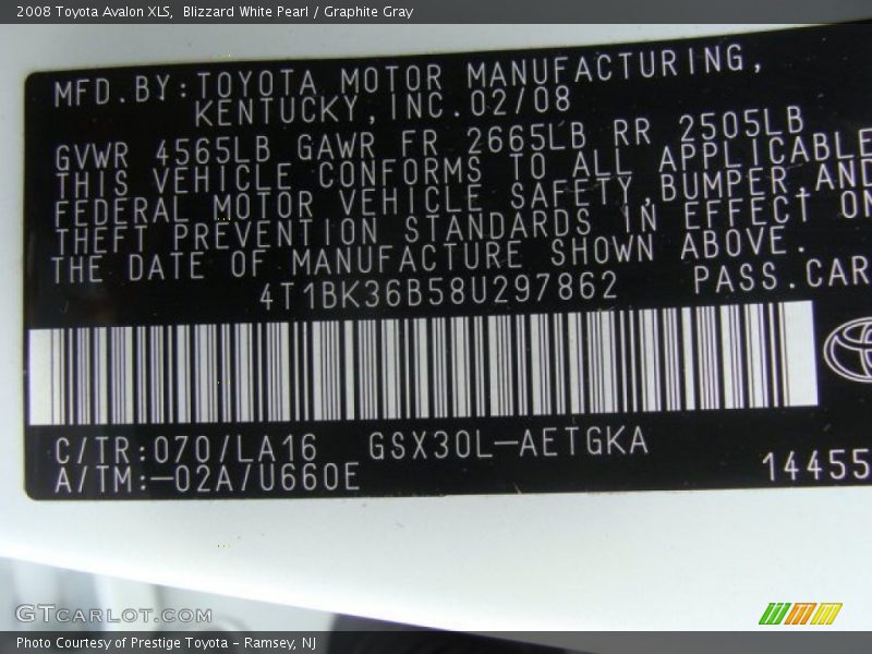 Blizzard White Pearl / Graphite Gray 2008 Toyota Avalon XLS