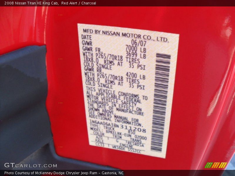 2008 Titan XE King Cab Red Alert Color Code A20
