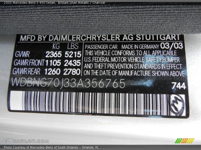 Brilliant Silver Metallic / Charcoal 2003 Mercedes-Benz S 430 Sedan