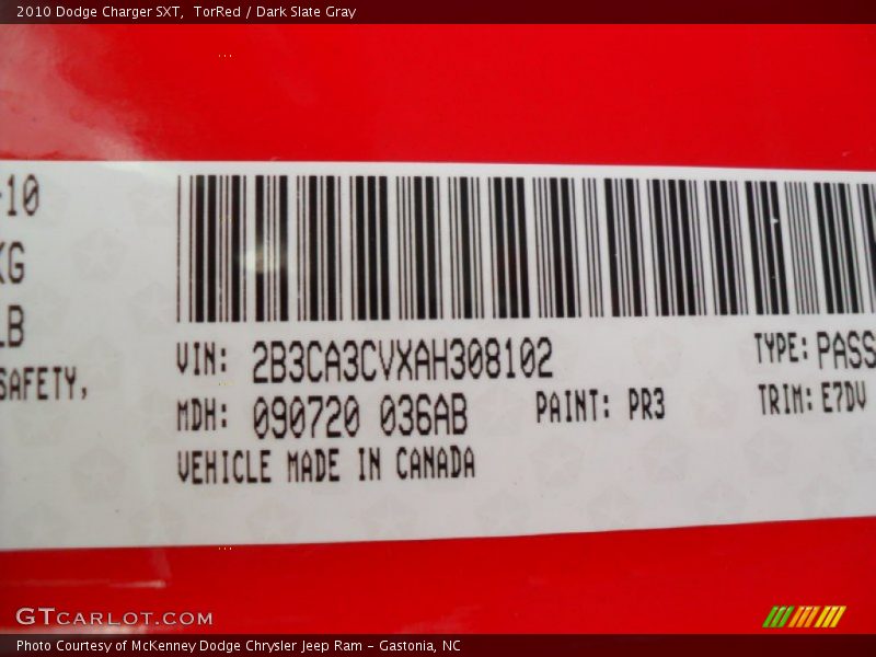 2010 Charger SXT TorRed Color Code PR3