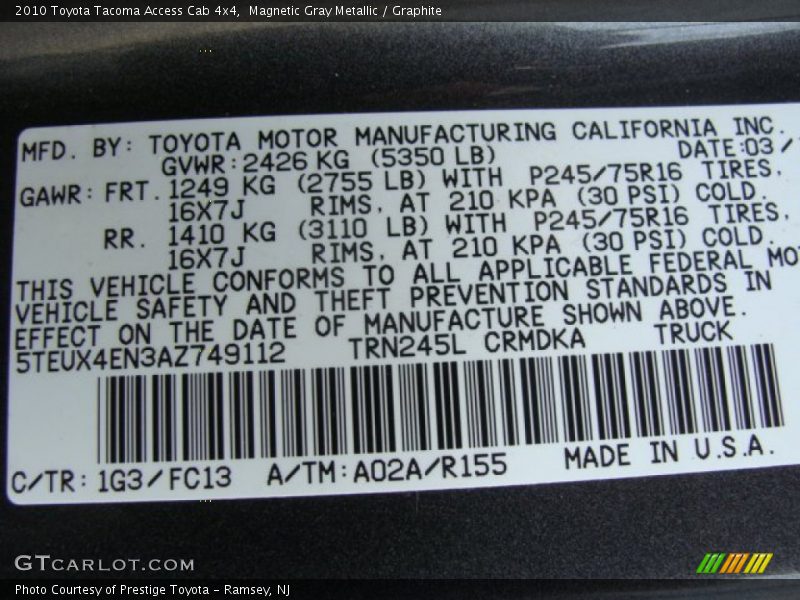Magnetic Gray Metallic / Graphite 2010 Toyota Tacoma Access Cab 4x4