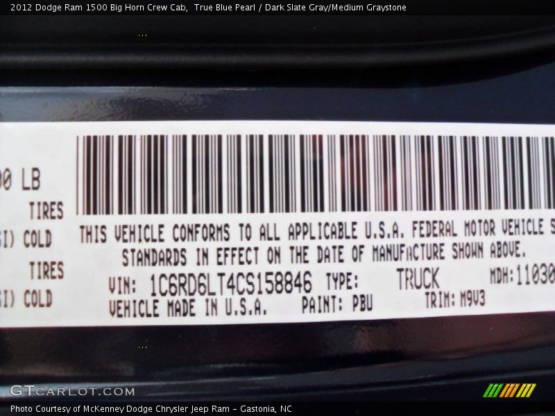 2012 Ram 1500 Big Horn Crew Cab True Blue Pearl Color Code PBU