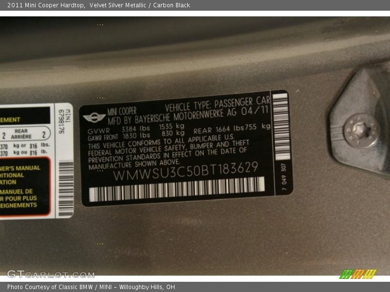 Velvet Silver Metallic / Carbon Black 2011 Mini Cooper Hardtop