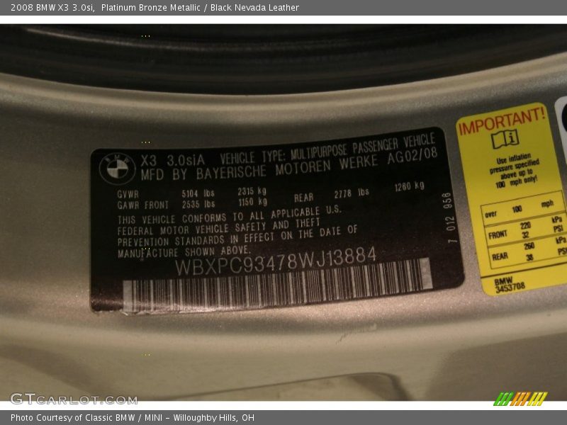 Platinum Bronze Metallic / Black Nevada Leather 2008 BMW X3 3.0si