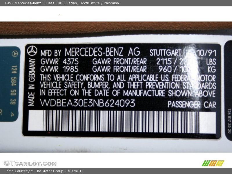 Info Tag of 1992 E Class 300 E Sedan