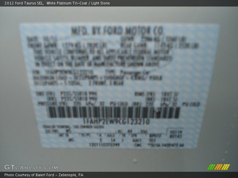 White Platinum Tri-Coat / Light Stone 2012 Ford Taurus SEL