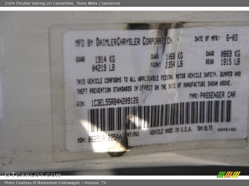 Stone White / Sandstone 2004 Chrysler Sebring LXi Convertible
