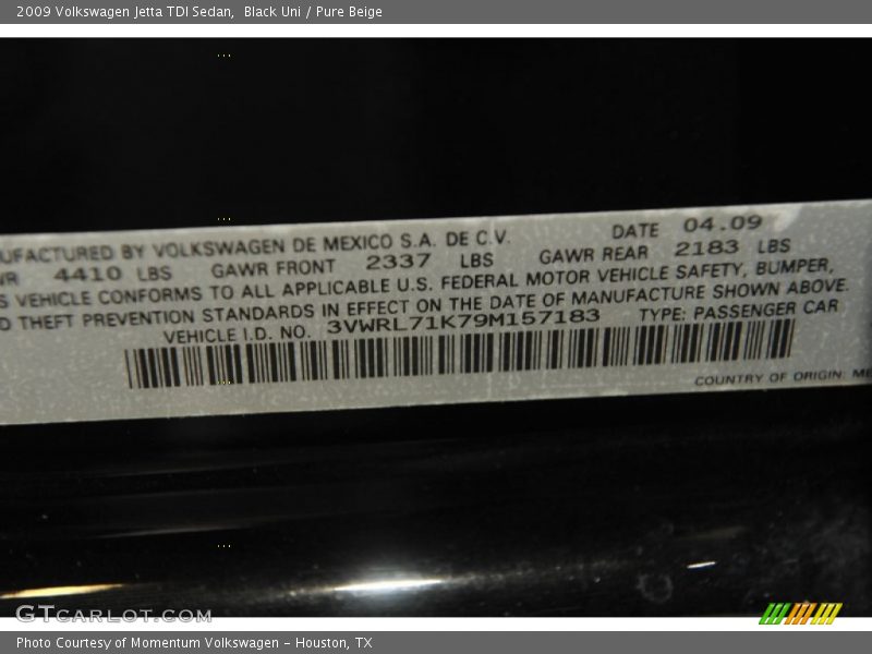 Black Uni / Pure Beige 2009 Volkswagen Jetta TDI Sedan