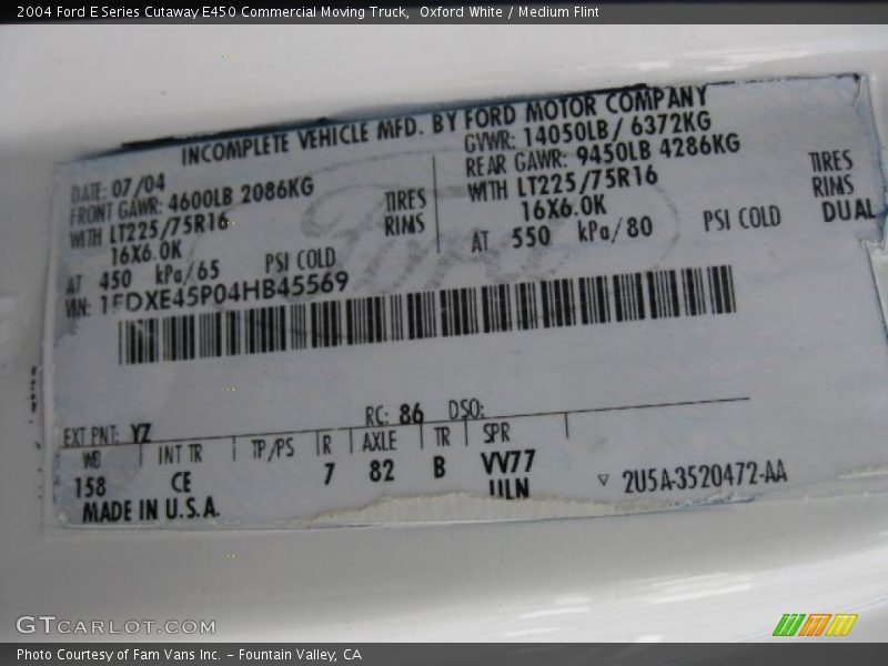 2004 E Series Cutaway E450 Commercial Moving Truck Oxford White Color Code YZ