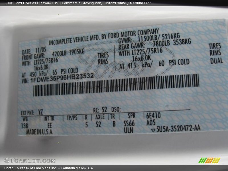 2006 E Series Cutaway E350 Commercial Moving Van Oxford White Color Code YZ