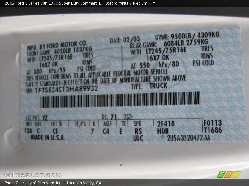 Oxford White / Medium Flint 2003 Ford E Series Van E350 Super Duty Commercial