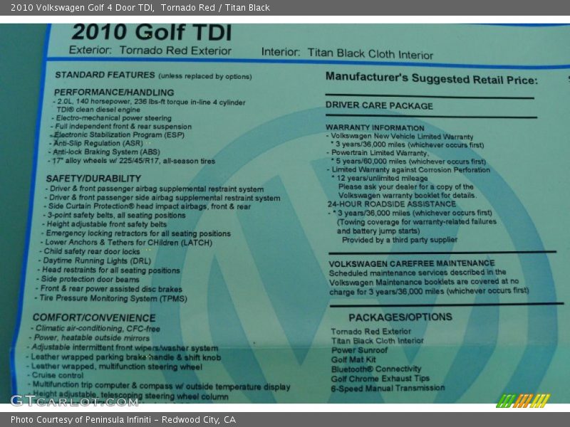 Tornado Red / Titan Black 2010 Volkswagen Golf 4 Door TDI