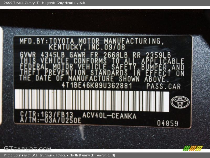 2009 Camry LE Magnetic Gray Metallic Color Code 1G3