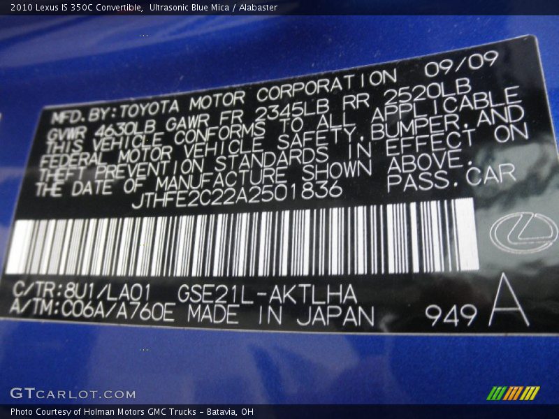 2010 IS 350C Convertible Ultrasonic Blue Mica Color Code 8U1