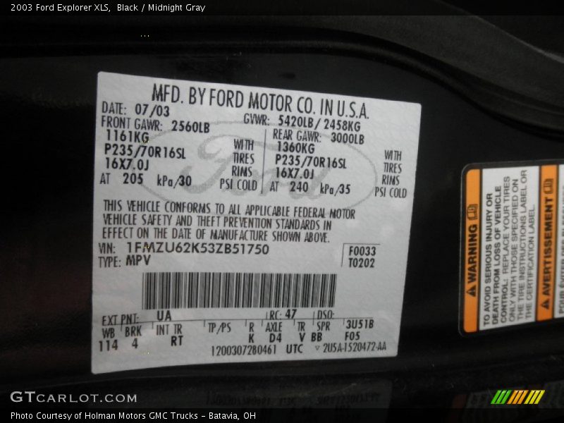 2003 Explorer XLS Black Color Code UA