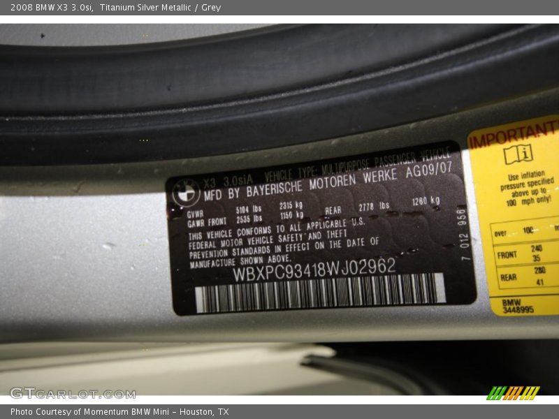 Titanium Silver Metallic / Grey 2008 BMW X3 3.0si