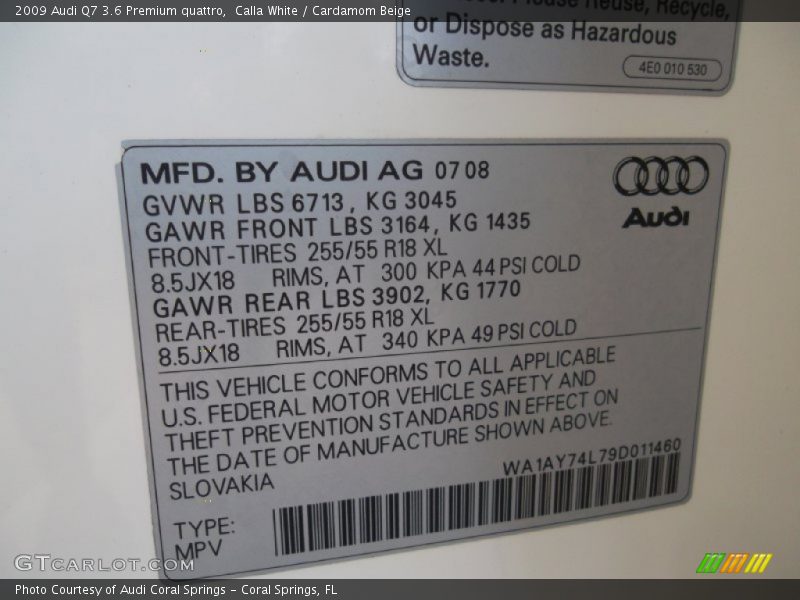 Calla White / Cardamom Beige 2009 Audi Q7 3.6 Premium quattro