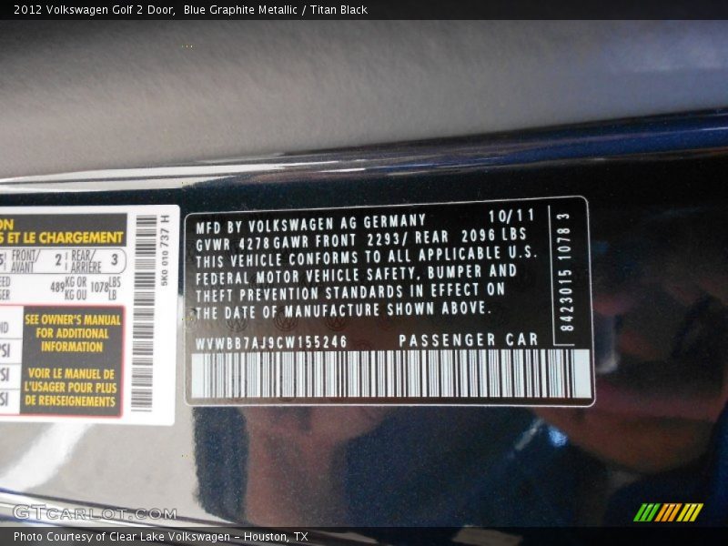 Blue Graphite Metallic / Titan Black 2012 Volkswagen Golf 2 Door