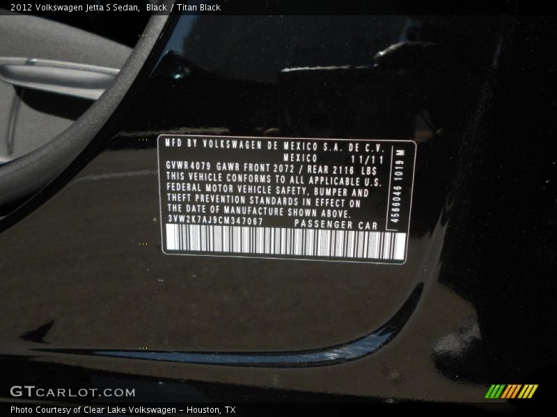 Black / Titan Black 2012 Volkswagen Jetta S Sedan