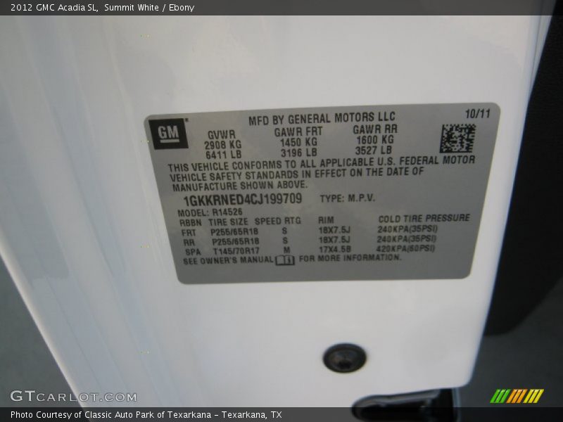Summit White / Ebony 2012 GMC Acadia SL