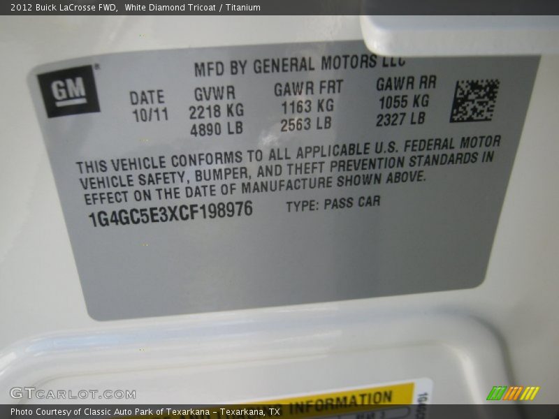 White Diamond Tricoat / Titanium 2012 Buick LaCrosse FWD