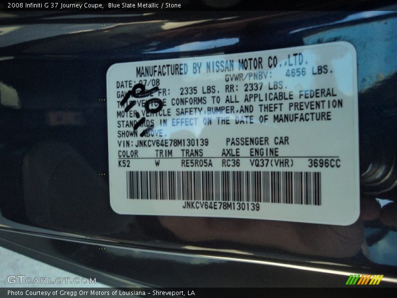 2008 G 37 Journey Coupe Blue Slate Metallic Color Code K52