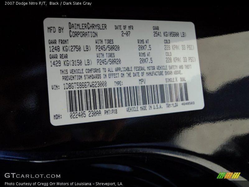 2007 Nitro R/T Black Color Code PX8