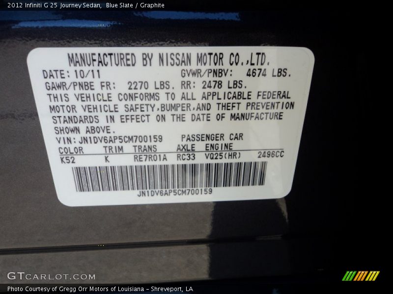 2012 G 25 Journey Sedan Blue Slate Color Code K52