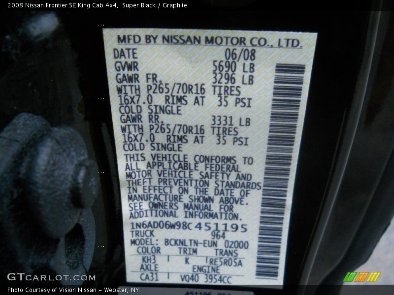2008 Frontier SE King Cab 4x4 Super Black Color Code KH3