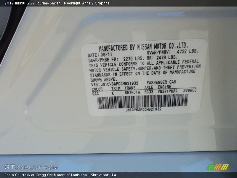 2012 G 37 Journey Sedan Moonlight White Color Code QAA