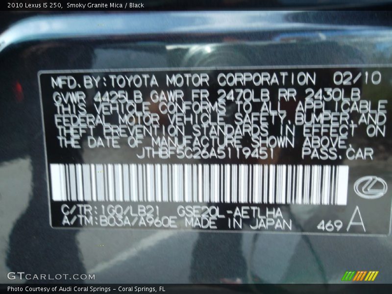 2010 IS 250 Smoky Granite Mica Color Code 1G0