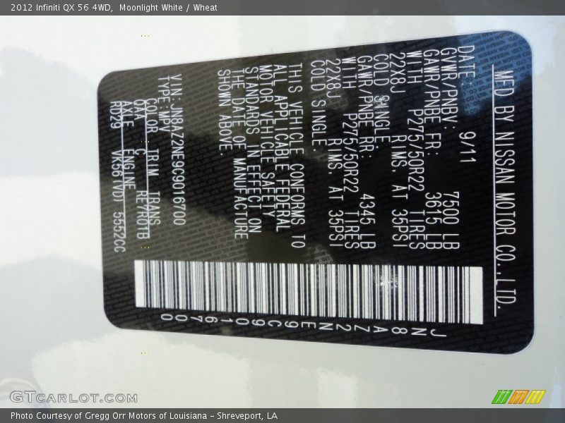 2012 QX 56 4WD Moonlight White Color Code QAA