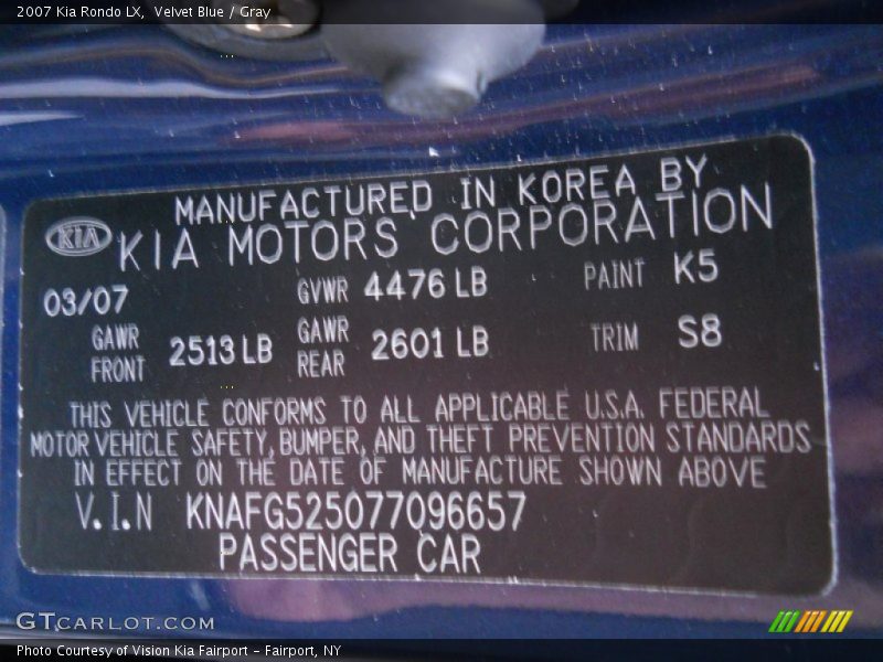 Velvet Blue / Gray 2007 Kia Rondo LX
